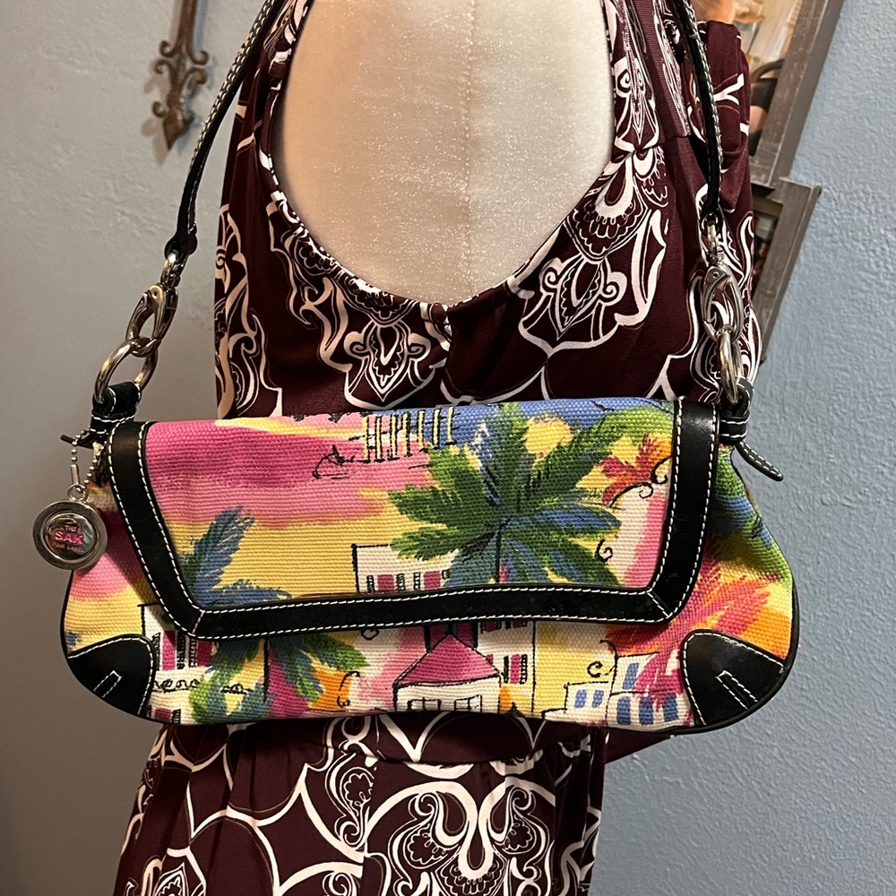 The Sak Pink Label Colorful Canvas Leather Trim Multicolor Handbag Unused 12" L